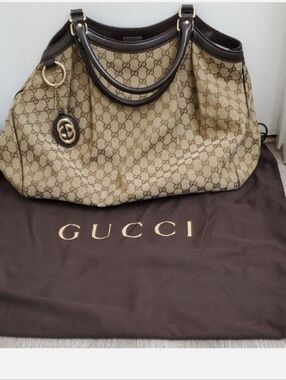 Authentic Gucci Beige GG Canvas Satchel with Brown Leather Trim